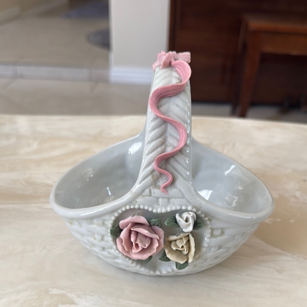 Vintage Porcelain Woven Basket Trinket Dish Capodimonte Style Pink Roses